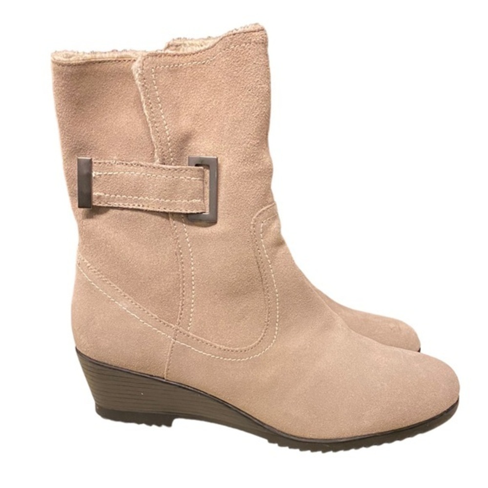 Sporto taupe gray faux suede & fur lined wedge boots size 8 slip on with buckle